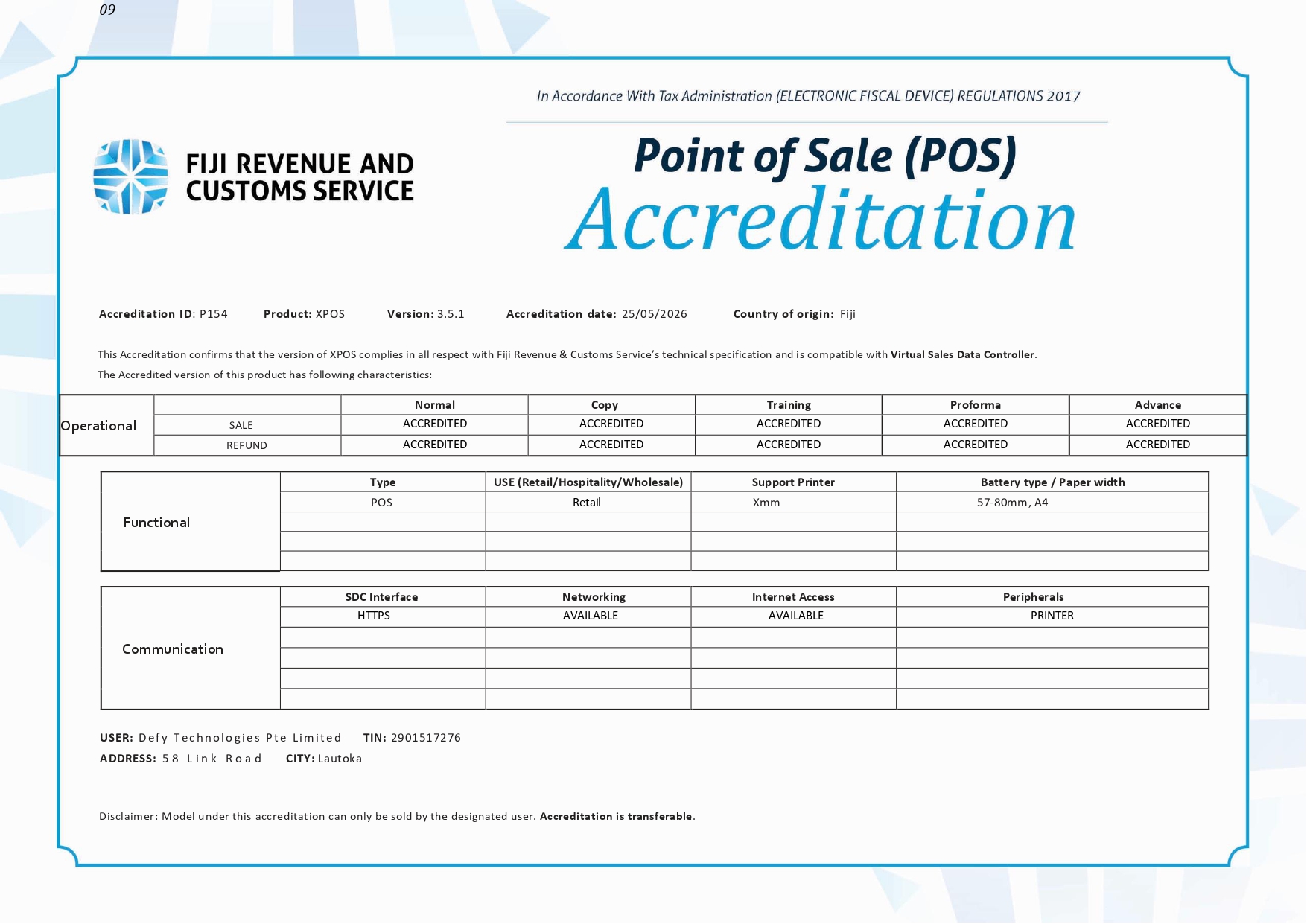 FRCS VMS TAXCORE Accreditation Certificate - P154